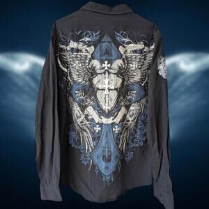 Helix Men's Black Long Sleeve y2k affliction style 2XL T-shirt holographic cross